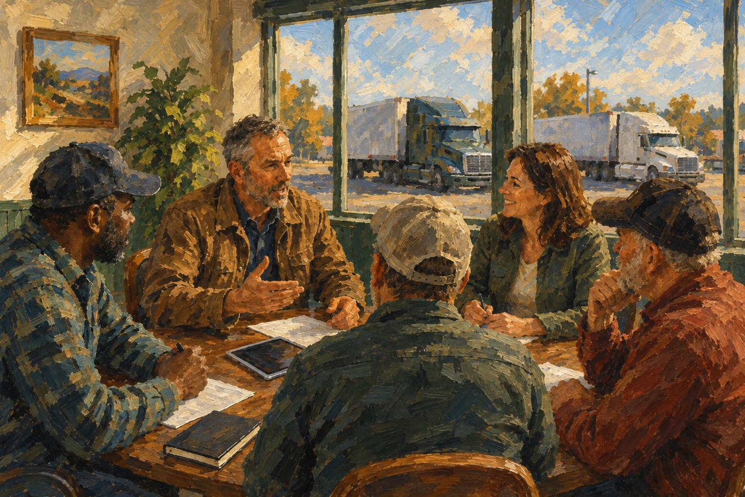 Painted illustration of trucking association members discussing fuel questions around a table, with trucks outside.