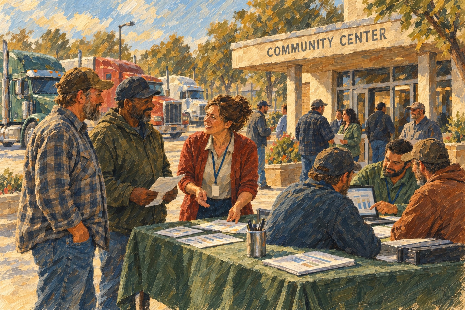 Imagined public-service outreach gathering: local advisers help truck owners at a community-center resource table, with other drivers and parked trucks nearby
